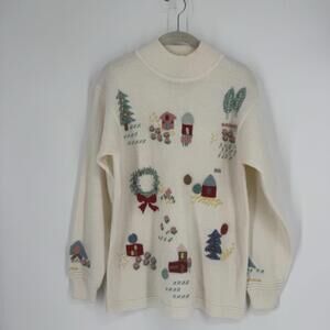 Vintage sweater womens small S cream mock neck christmas embroidered cottage